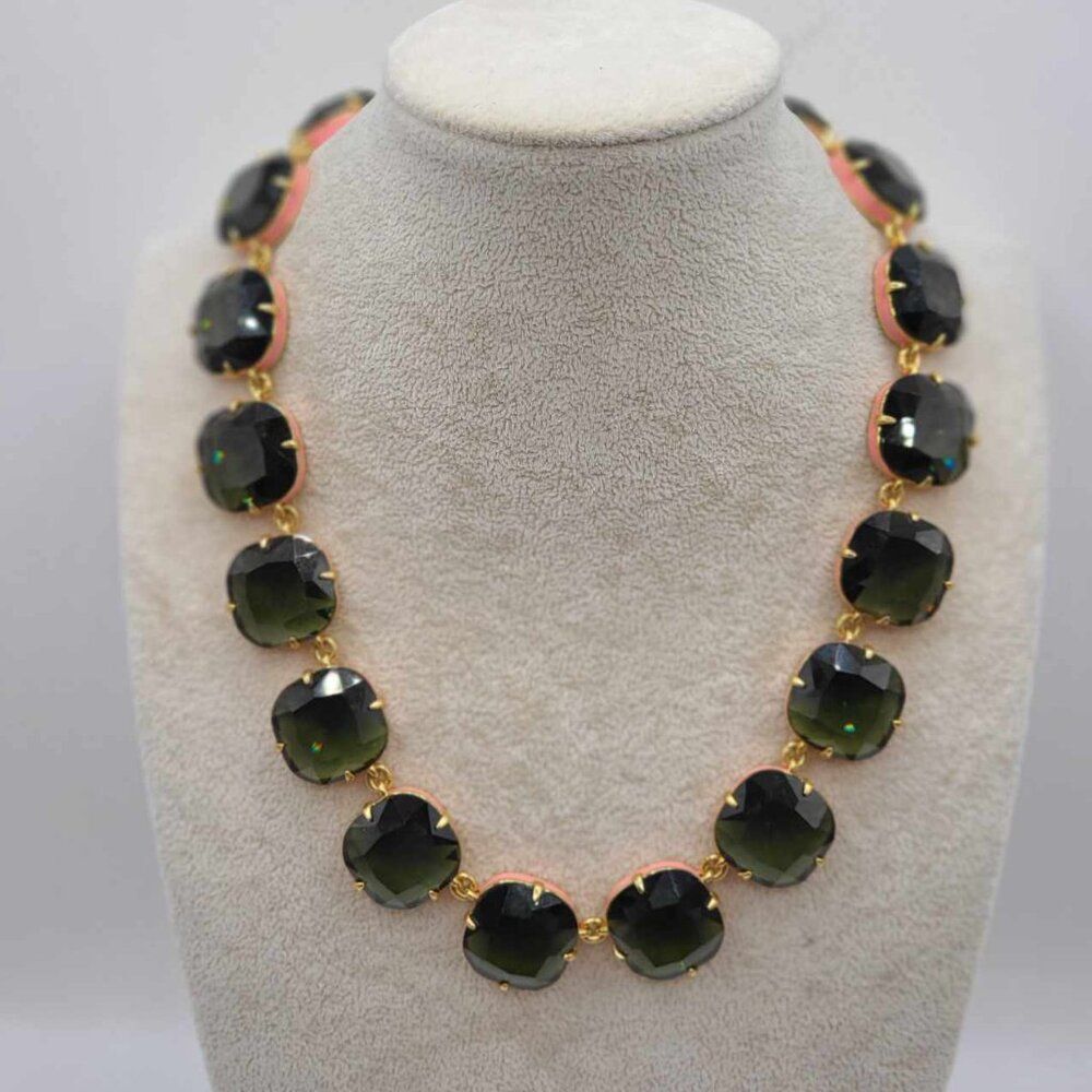 J Crew Bottle Green Large Square Crystal Necklace Coral Enamel Setting